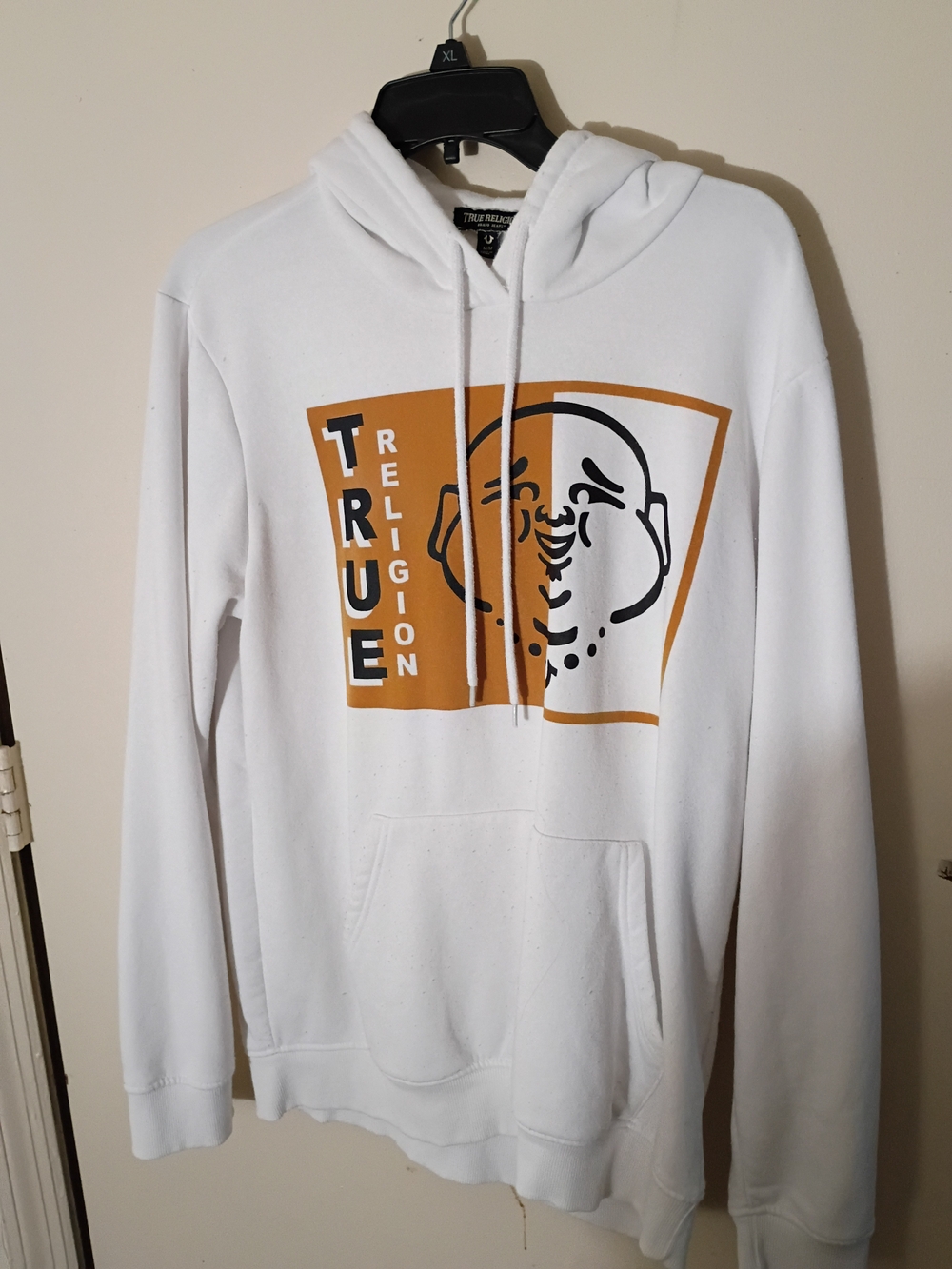 True Religion White Hoodie with Orange and Black Graphic Logo
